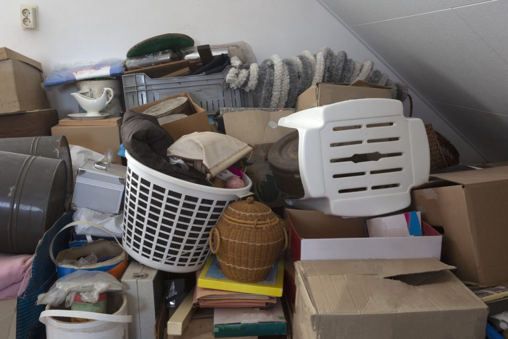 Cluttered storage space filled with various items