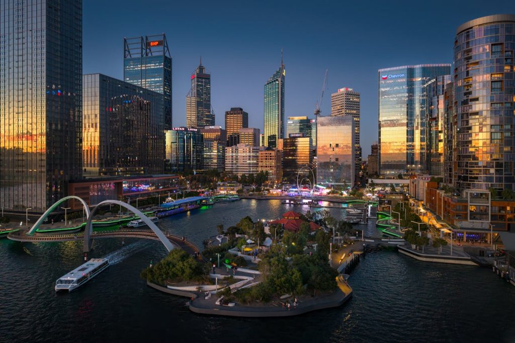 Perth City skyline at dusk with waterfront views